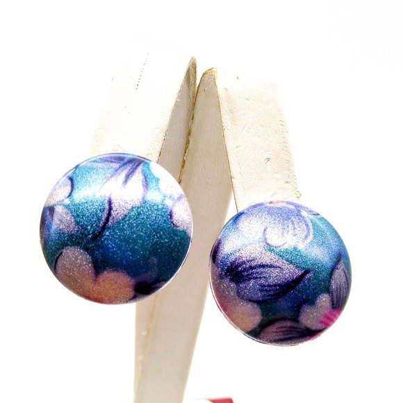 Shimmery Floral Dome Earrings, Clip On Circles in Fairy Hues - Picture 4 of 5
